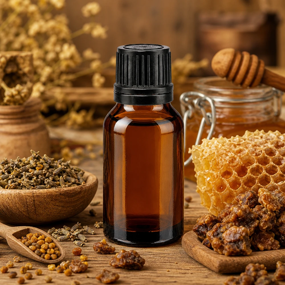 Bruine glazen fles 15ml met zwart schroefsluiting uitgietring VR Apothekersflesje van 15 ml met zwarte schroefdop voor bijenproducten op een rustieke houten ondergrond