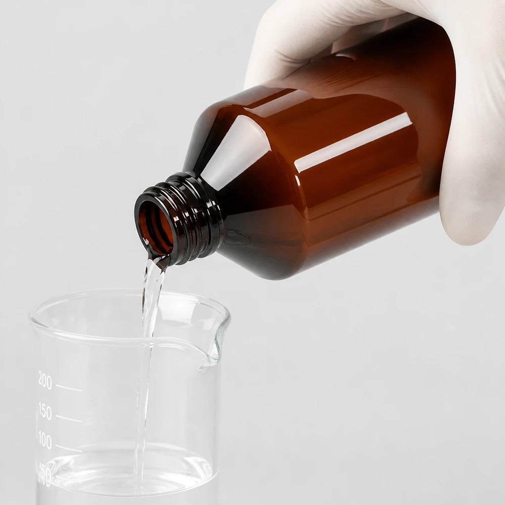 Nauwkeurig schenken uit een bruine ronde PET-fles van 500 ml in een maatbeker met schaalverdeling van 200 ml