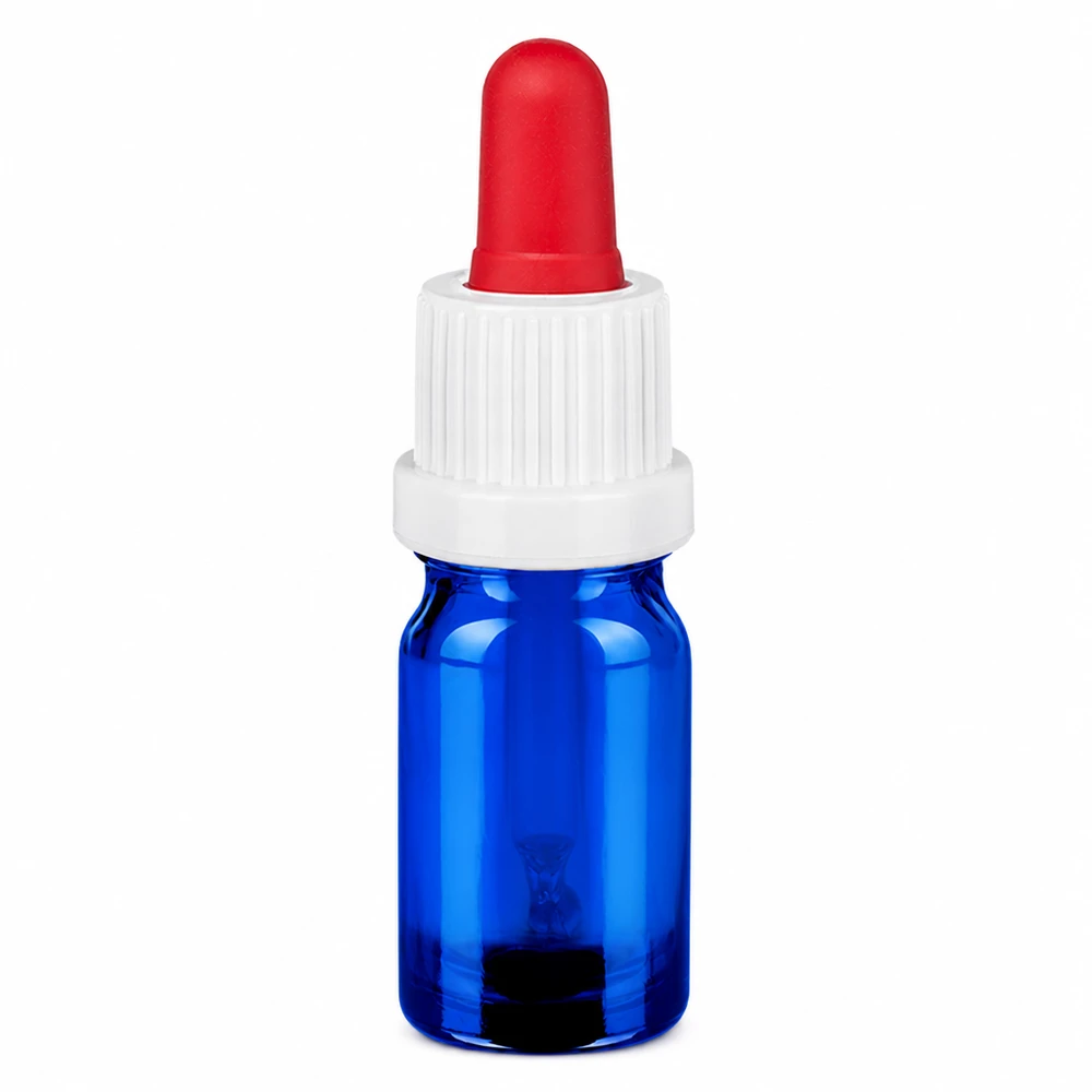 Druppelflesje 5ml in blauw glas met precieze rode pipet voor serums en tincturen