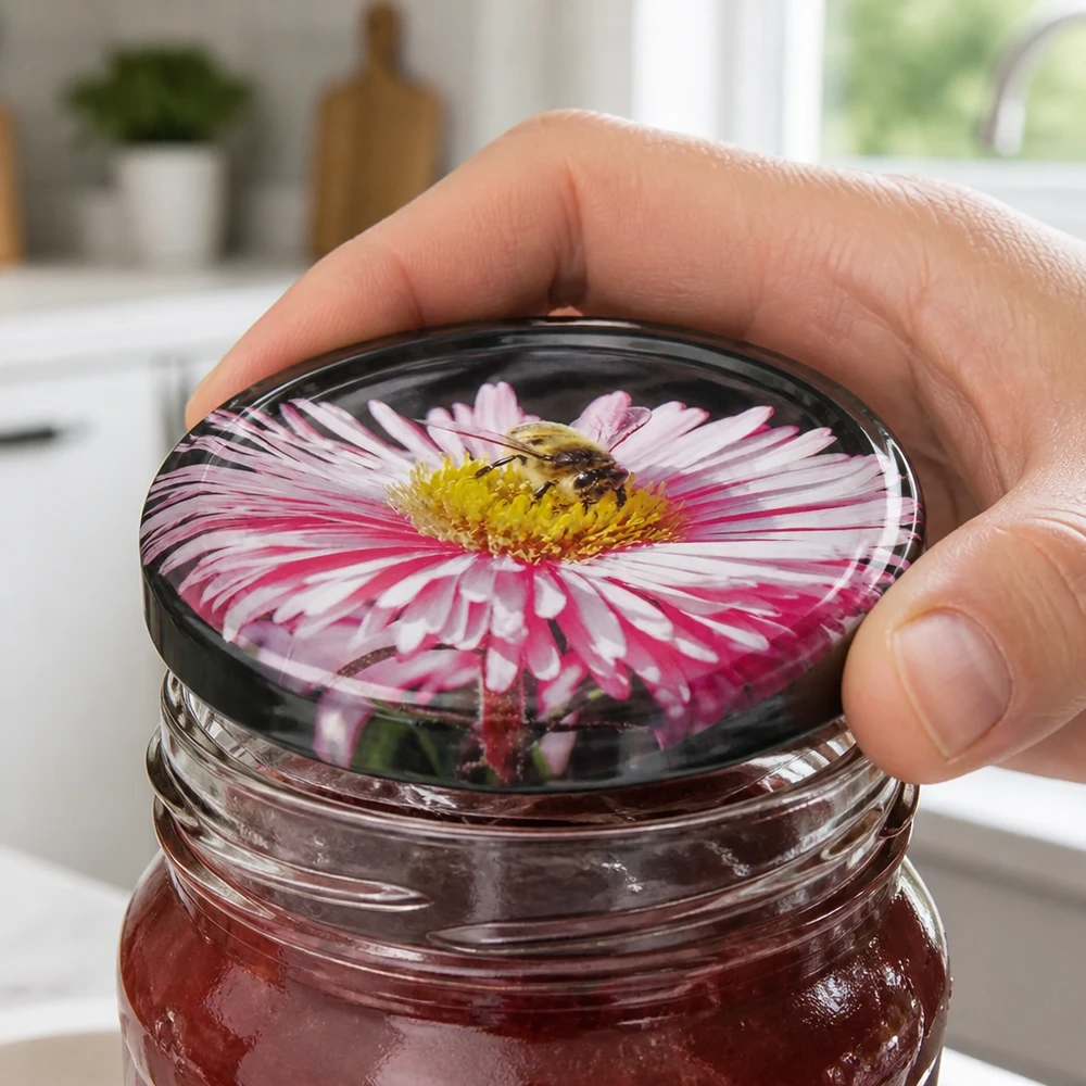 Decoratief inmaakdeksel TO82 van 82 mm met natuurmotief op een rode jampot van UNiTWIST