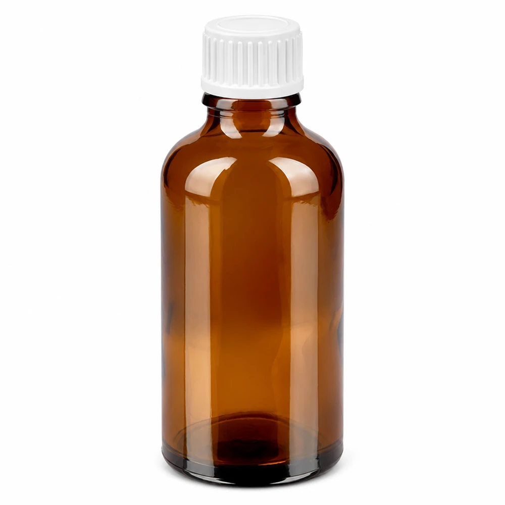 Compacte 50ml druppelflacon van amberkleurig glas met witte dop voor nauwkeurige druppeldosering