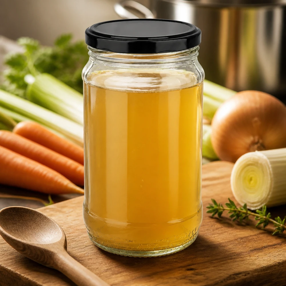 Rond glas van 370 ml + BasicSeal zwart UNiTWIST 370 ml ronde UNiTWIST-glazen pot met BasicSeal-deksel voor het bewaren van bouillon met kookingrediënten op de achtergrond