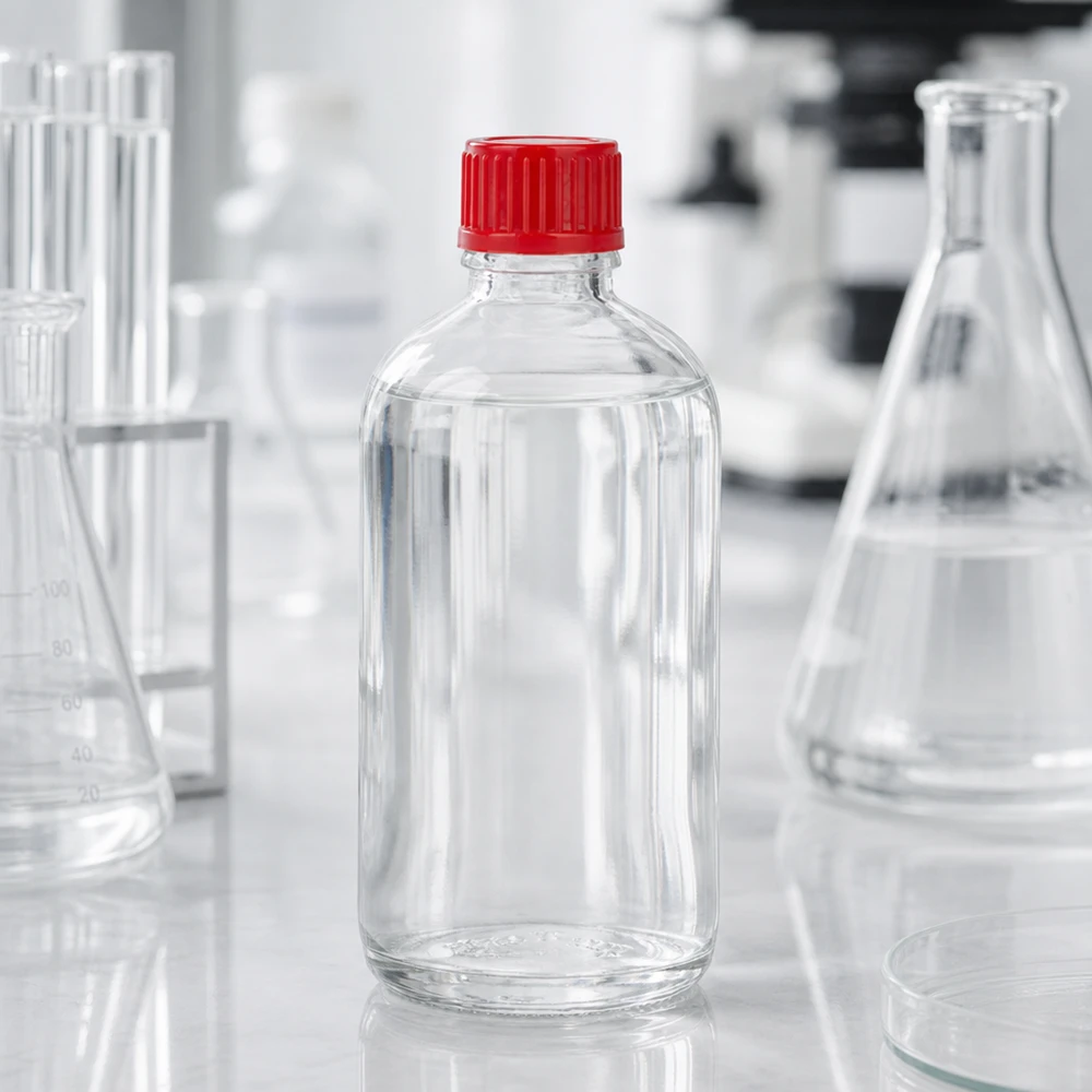 100ml fles 11mm SV rood STD ClearLine UT18/100 ClearLine UT18/100 laboratoriumfles van 100 ml, helder glas met rode standaarddop van 11 mm op een wit werkblad