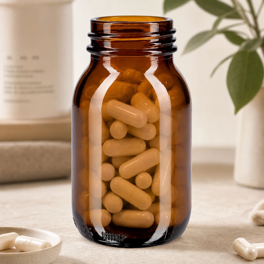 Brede hals fles 125ml gemaakt van hoge kwaliteit amber glas met UV-bescherming voor supplementen