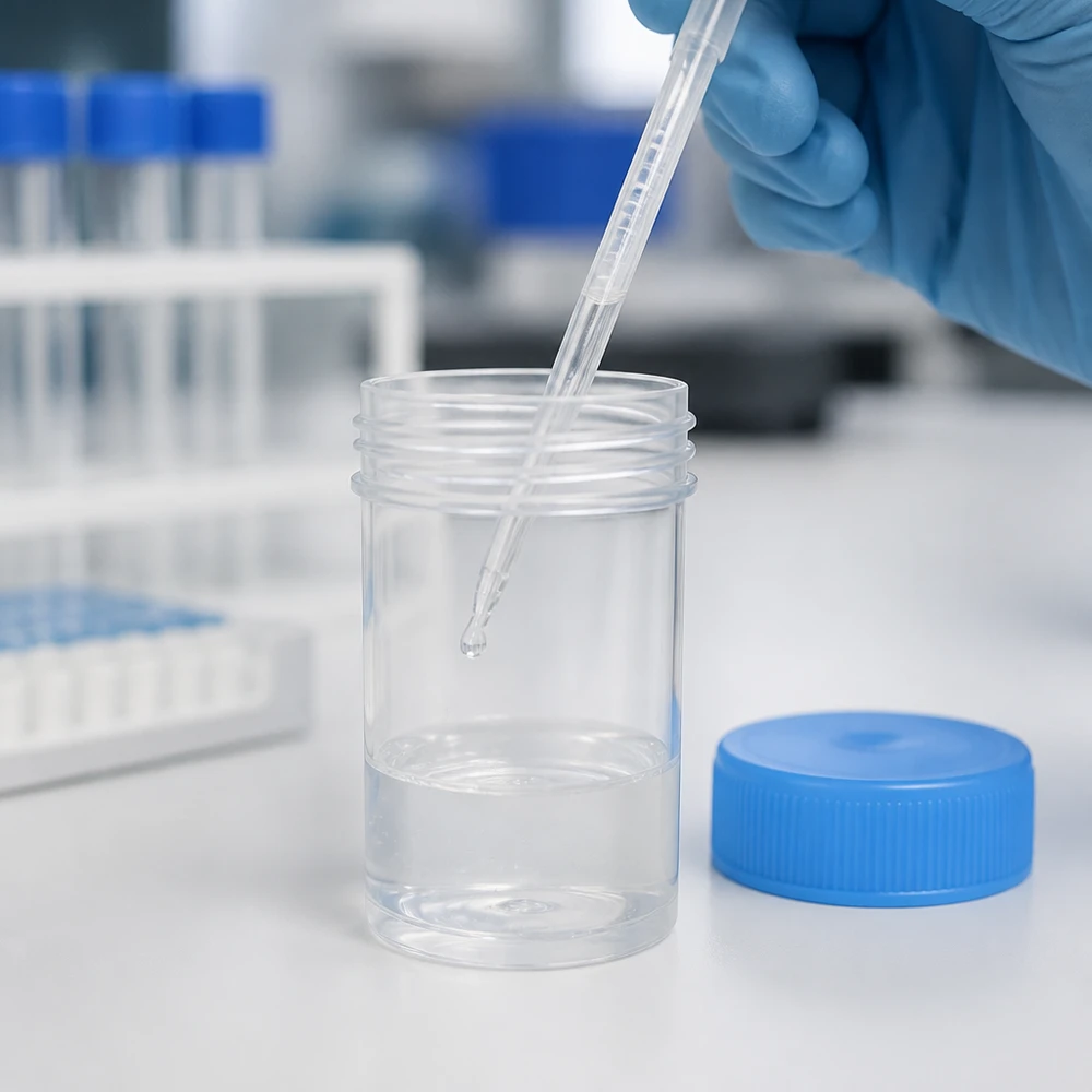 Open monsterbuisje van 20 ml met schroefdop en pipet voor het steriel afnemen van monsters