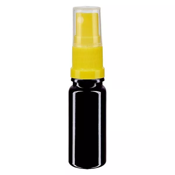 Fles van violet glas 10 ml met pompverstuiver geel Fles van violet glas 10 ml met pompverstuiver geel