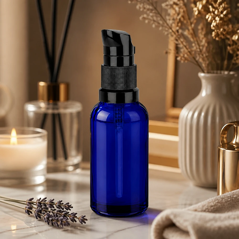 Hoogwaardige 30ml cosmeticafles van UV-bestendig blauw glas met zwarte pompbevestiging
