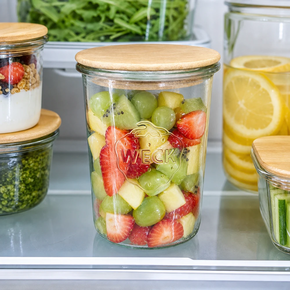 850ml stortglas WECK RR100 met hout deksel WECK Sturzglas 850ml RR100 Holzdeckel Kühlschrank Obstsalat Meal Prep frische Früchte Kiwi Erdbeeren Aufbewahrung