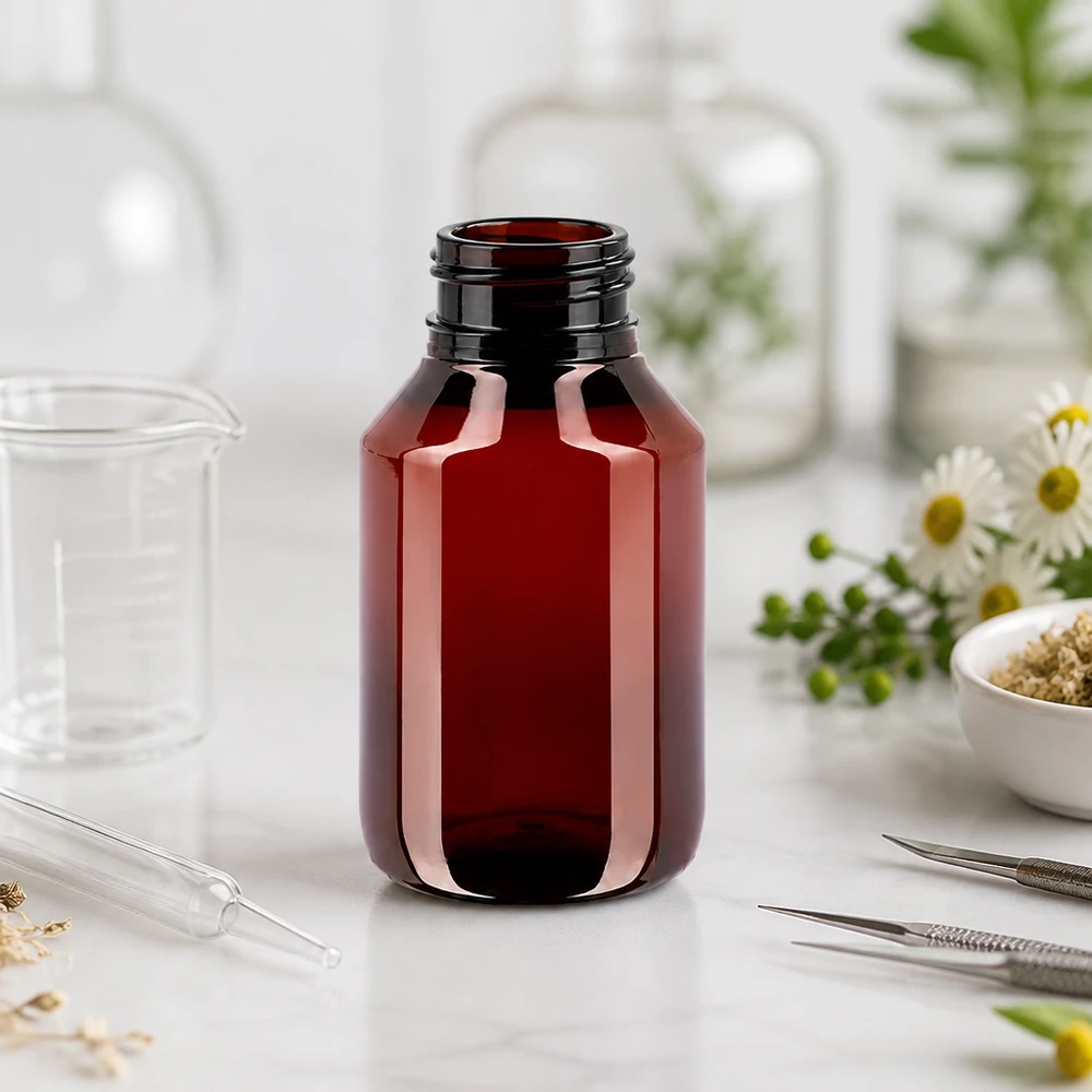 Stevige ronde PET-fles van 50 ml in amberrood zonder dop op een wit marmeren oppervlak