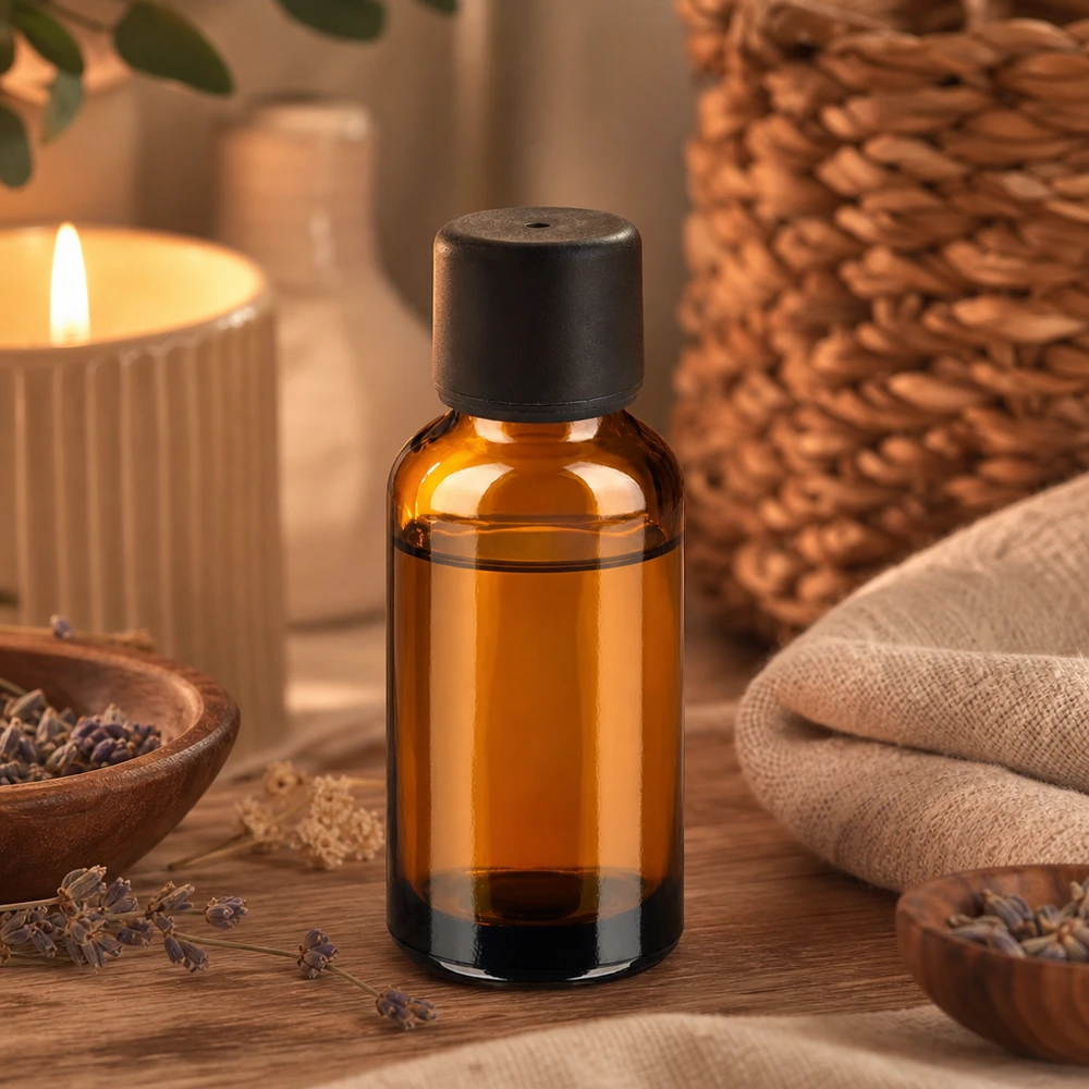 Elegant glazen flesje van 30 ml in amberlook met matzwart deksel voor hoogwaardige producten