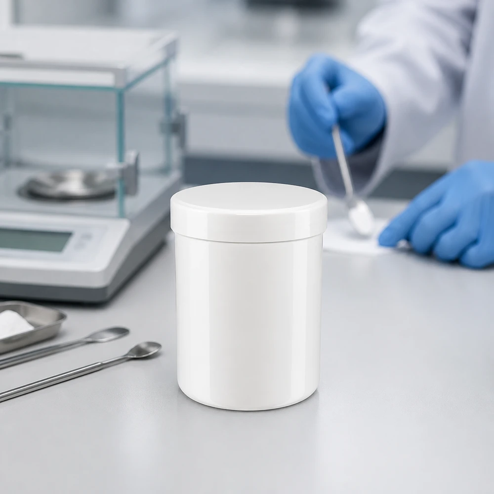 Steriele afvulomgeving met een witte PP-kruik van 20 g en farmaceutische hulpmiddelen