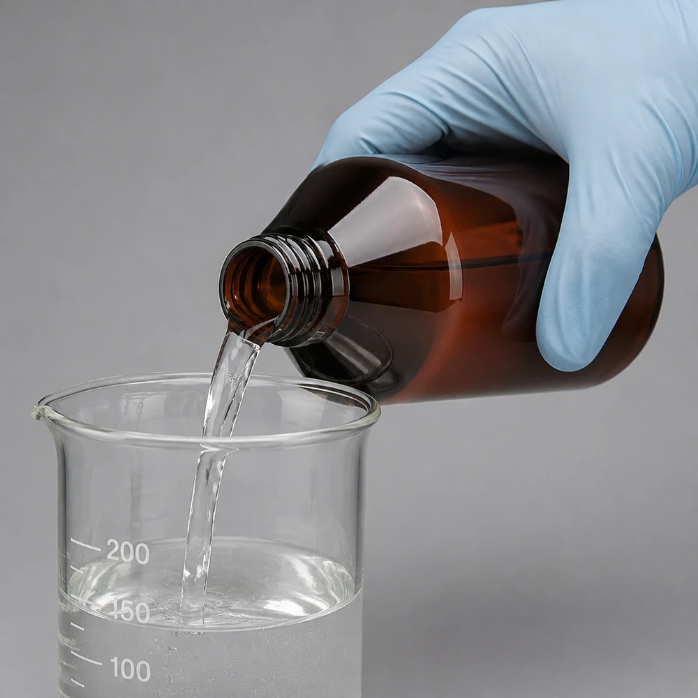 PET-fles 750ml PP28 zonder dop Nauwkeurig schenken uit een bruine PET-fles van 750 ml (PP28) in een laboratoriumomgeving