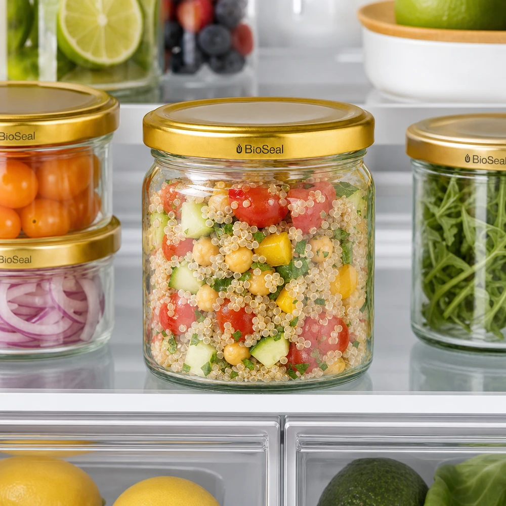 408ml rond glas met BioSeal deksel goud UNiTWIST UNiTWIST Runda408 Vorratsgläser mit goldenen TO82 BioSeal Deckeln im Kühlschrank - praktische Aufbewahrung von Salat