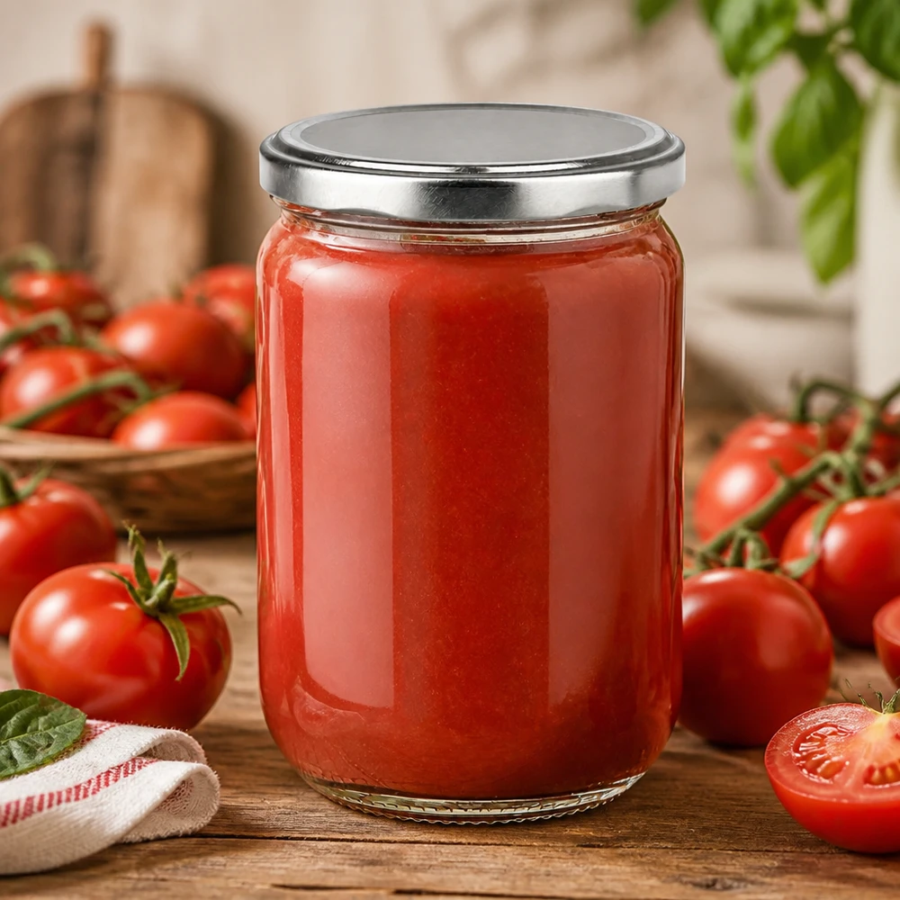 555 ml rond glazen pot + BasicSeal-deksel zilver UNiTWIST UNiTWIST-glazen pot van 555 ml met tomatenpuree en een zilveren BasicSeal-deksel op een houten onderzetter