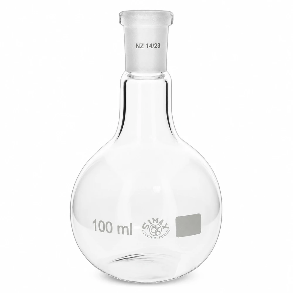Compacte 100 ml rondbodemkolf met standaard slijpstuk, ideaal voor kleine batches
