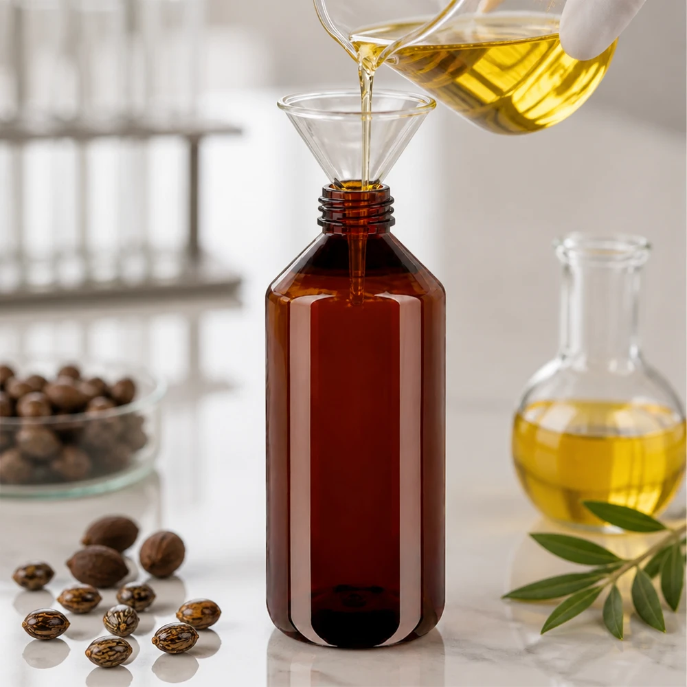 Bruine vierkante PET-fles van 1 liter, geschikt voor het afvullen van plantaardige oliën en cosmetica