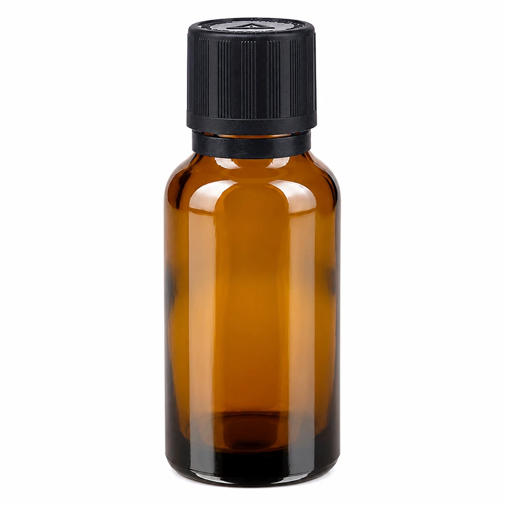 Apothekersflesje van bruin glas van 20 ml met zwarte blisterverpakking, kindveilige sluiting, opening van 1 mm