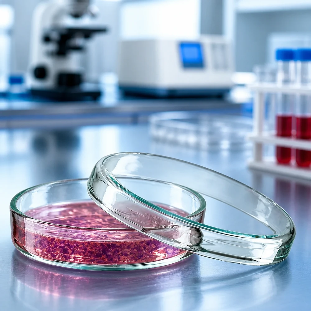 Glazen petrischaal van 70 x 15 mm voor celkweek met roze voedingsoplossing in een professionele laboratoriumomgeving