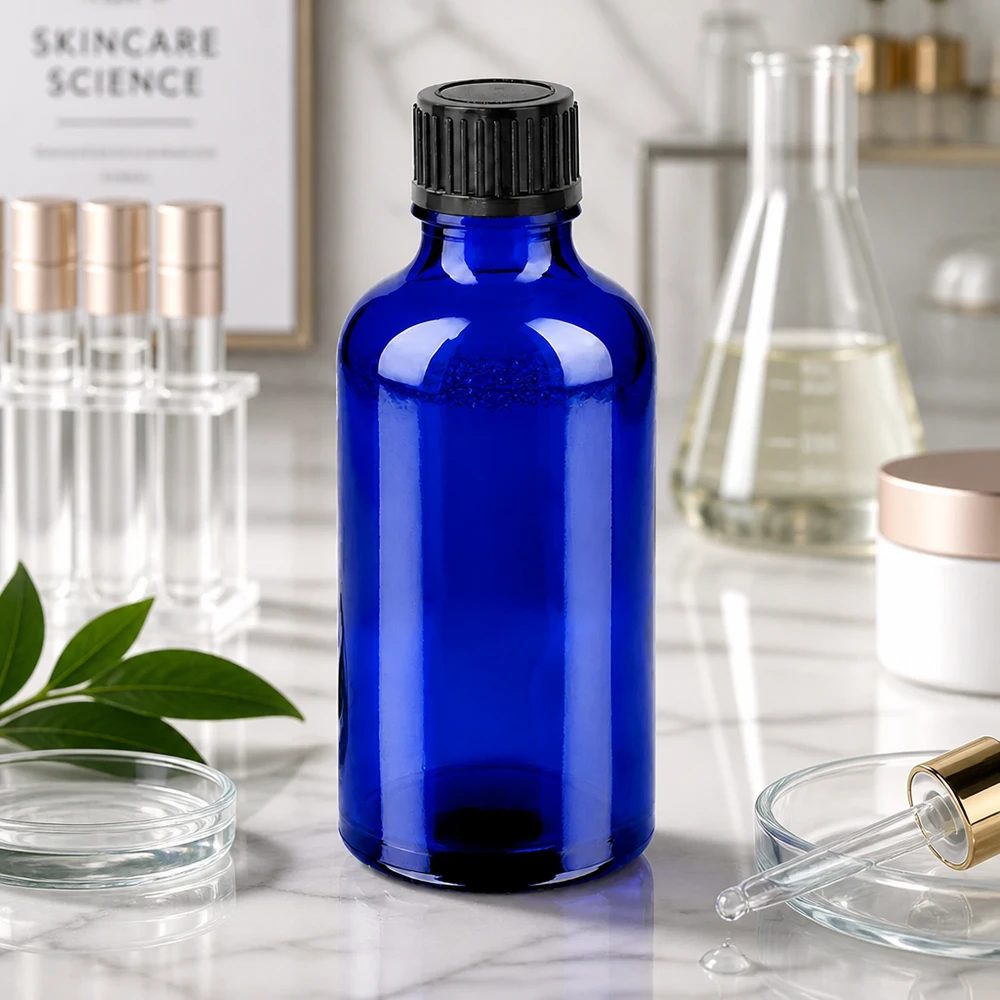 50ml fles 11mm SV zwart STD BlueLine UT18/50 Handig glazen flesje van 50 ml in intens blauw met makkelijk te gebruiken schroefdop