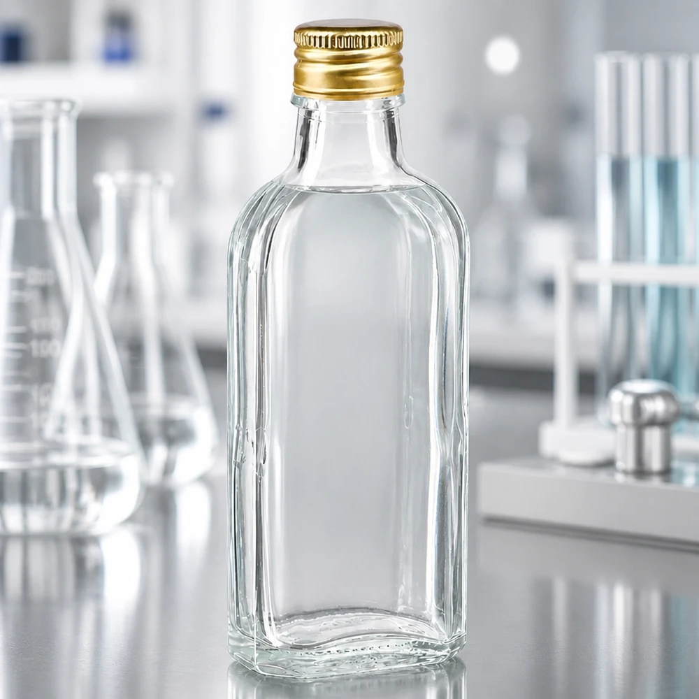 Hoogwaardige 100 ml Meplat-fles van helder glas met gouden aluminium dop PP22 – zijaanzicht Studio