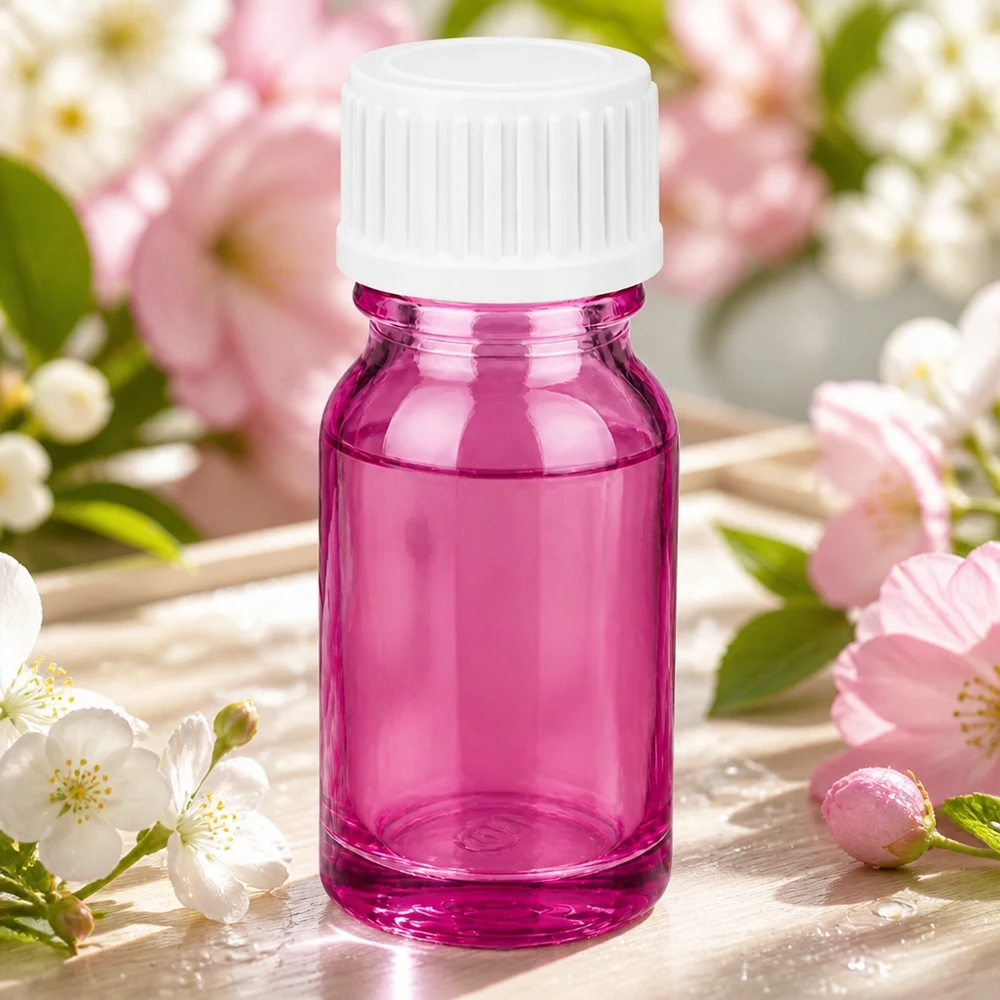 Decoratief glazen flesje van 10 ml in glanzend paarse kleur, perfect voor geschenken en presentaties