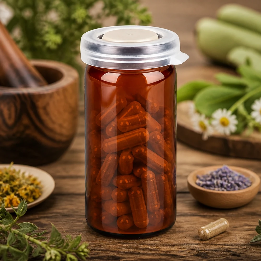 10ml tablettenglas bruin incl. klikdeksel (rolrand glas) Compacte glazen voorraadpot voor kruidencapsules, 10 ml, bruin, lichtbeschermd, met klikdeksel