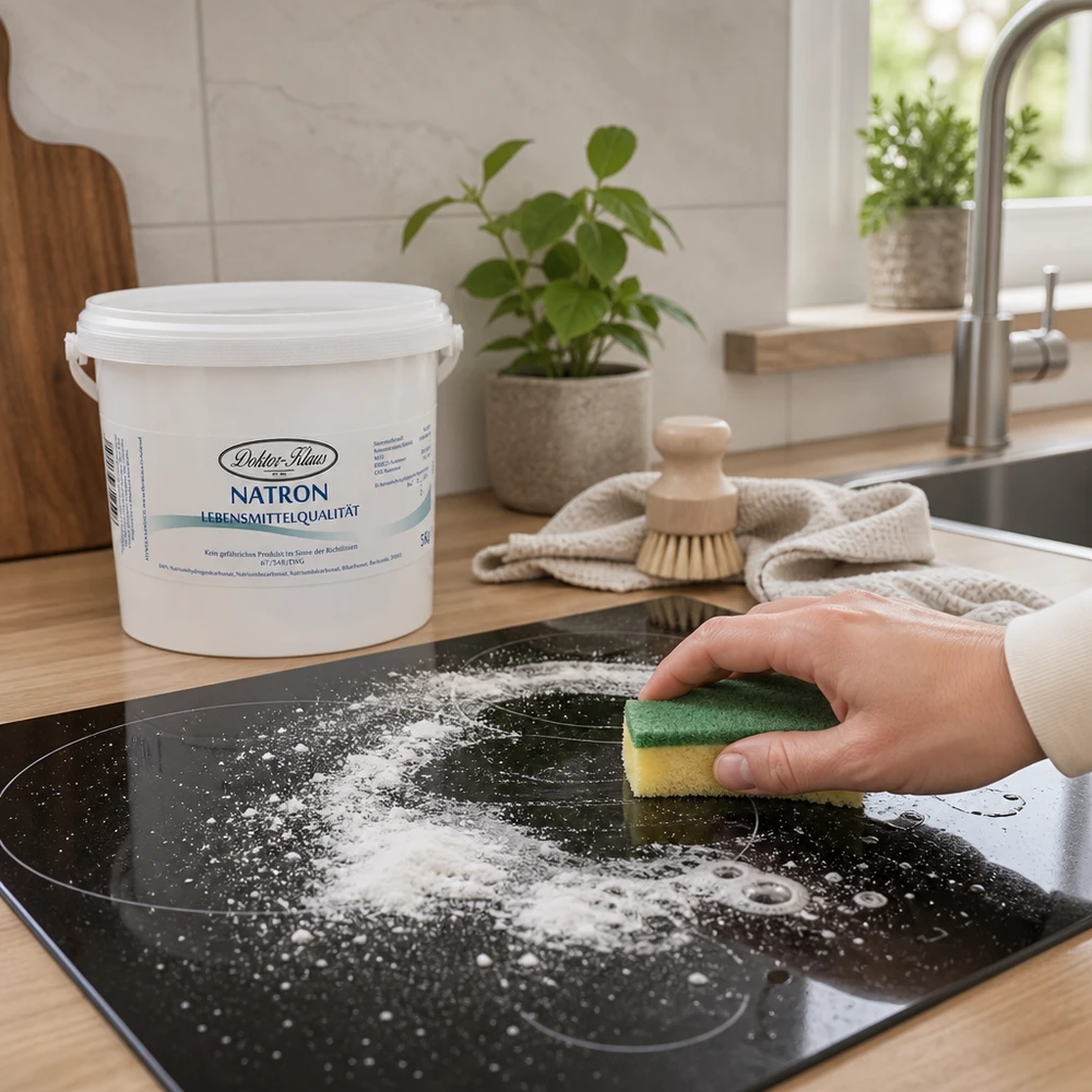 Natron Doctor Klaus 5kg emmer voor schoonmaken keramische kookplaat met spons in moderne keuken