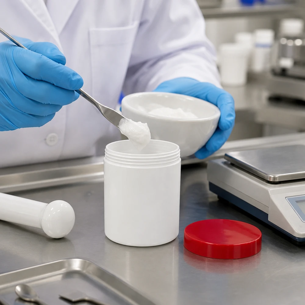 Zalfpot 50 g wit met rood schroefdeksel (PP) Steriele afvulling van medische crème in een witte zalfpot van 50 g met een rode PP-schroefdop