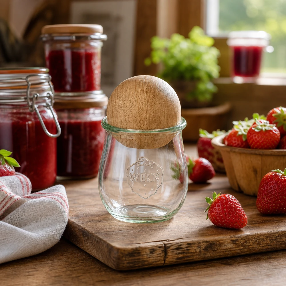 WECK tulpenpot RR60 220ml in rustieke keuken met aardbeien en jampotten, beuken bol deksel detail