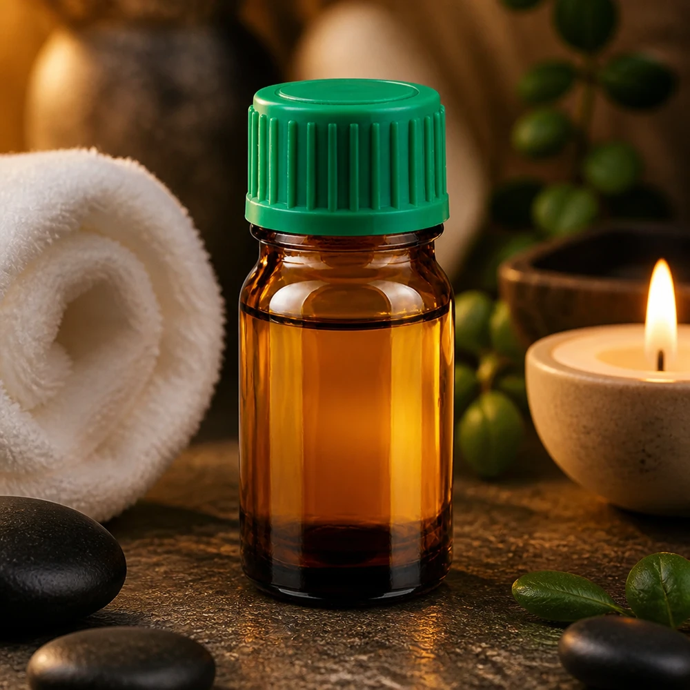 Klein 5ml druppelflesje van bruin glas met groene dop voor essentiële oliën en essences
