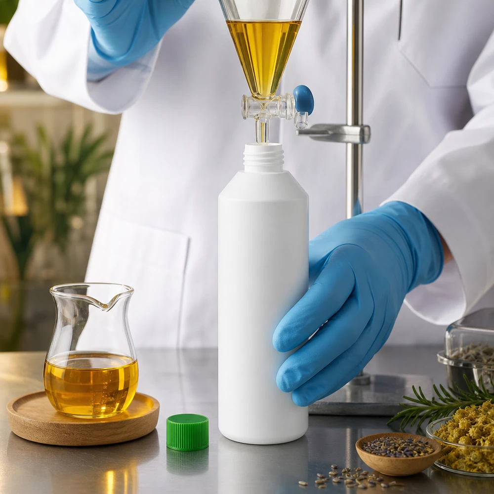 PET cilinderfles 250ml wit met schroefsluiting groen Wetenschappers met beschermende handschoenen vullen een witte ronde HDPE-fles van 250 ml met goudkleurige plantaardige olie