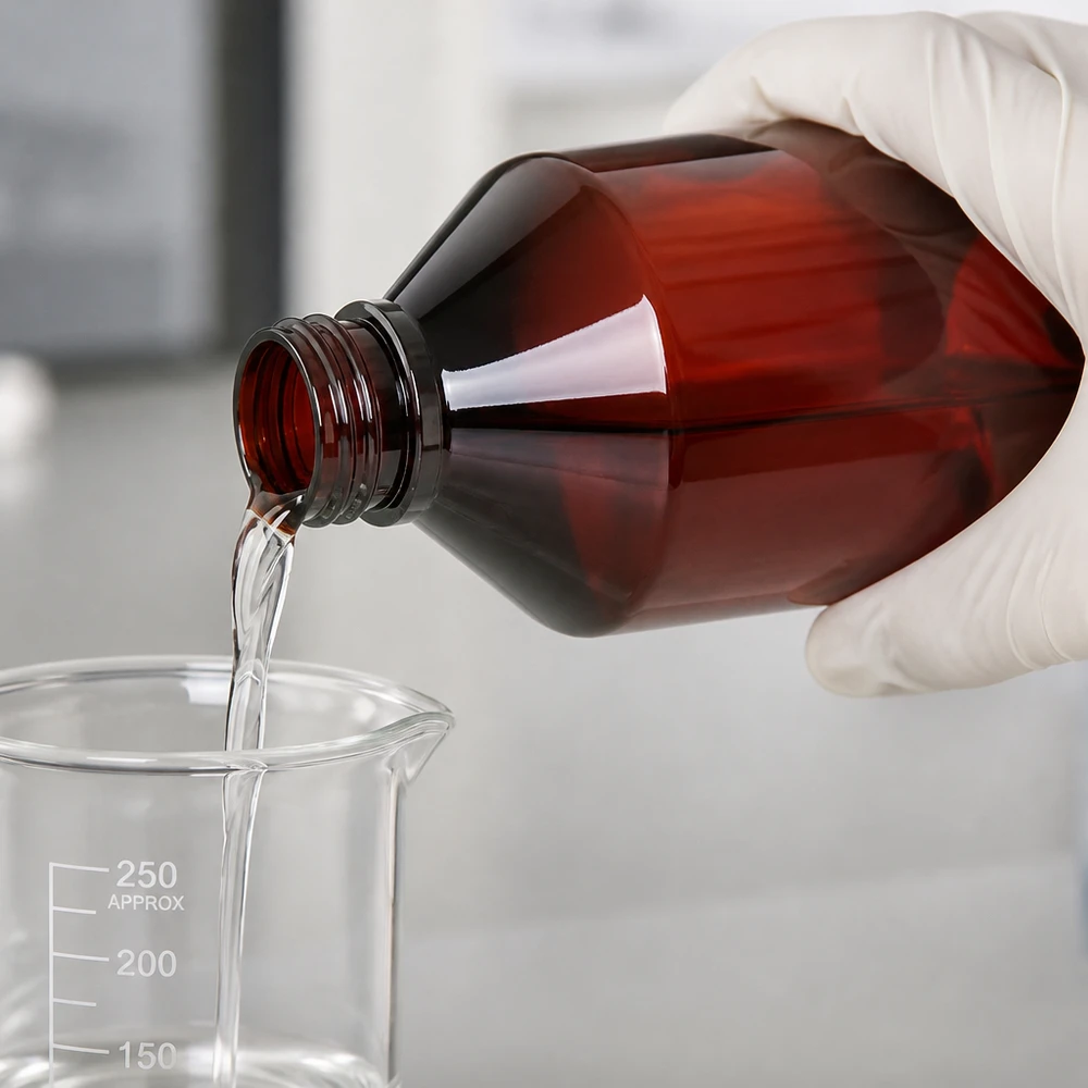 PET-fles 750 ml met bruine dop Standaard De chemische stof wordt gedoseerd uit een amberkleurige PET-fles van 750 ml met schroefdop