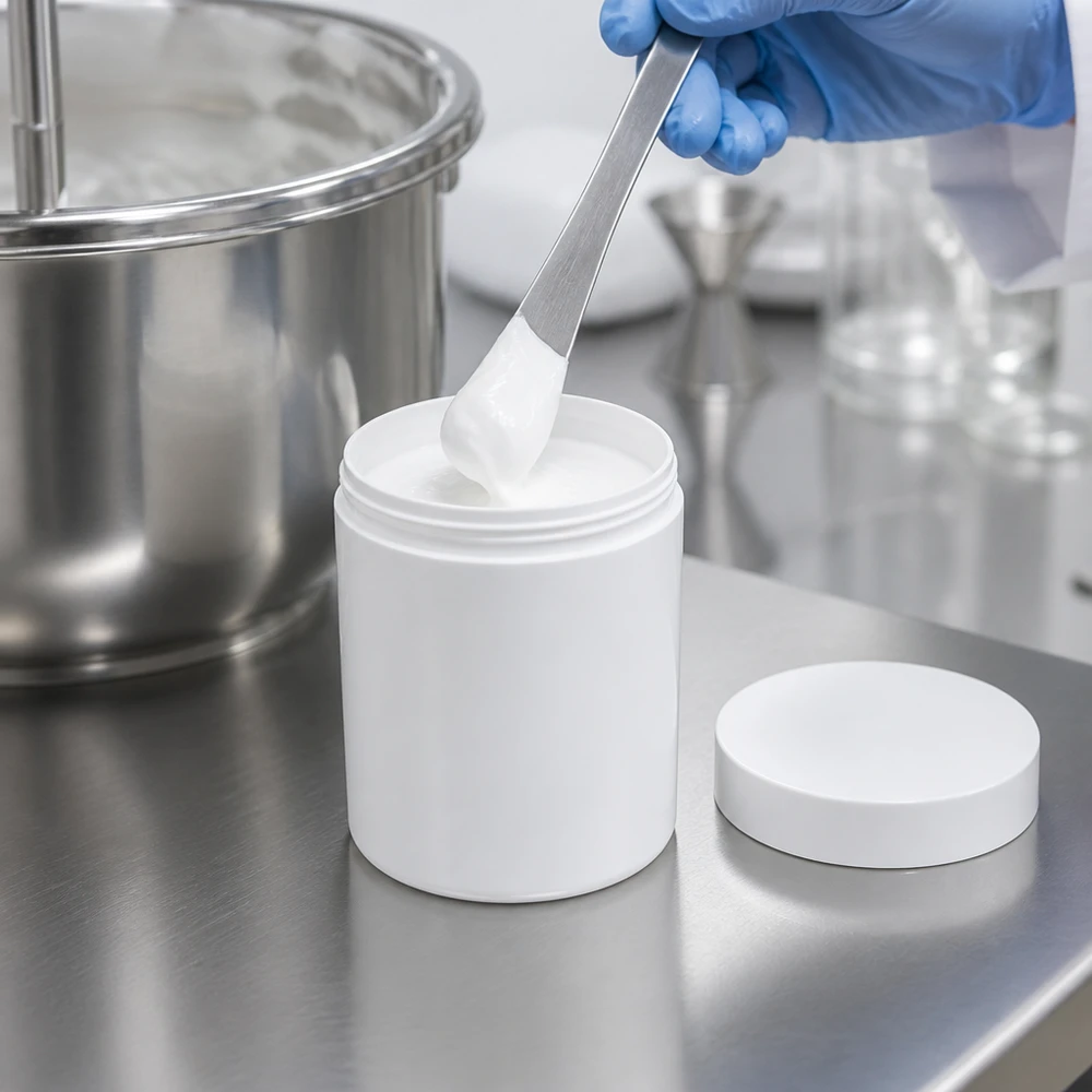 Zalfpot 150 g wit met schroefdeksel wit (PP) Farmaceutische verpakking: witte zalfpot van 150 g met spatel, gevuld in een cleanroom