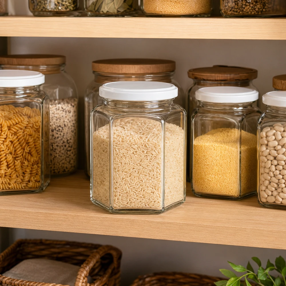 400g zeshoekige honingpot in georganiseerde voorraadkeuken gevuld met rijst tussen andere voorraadpotten op houten plank