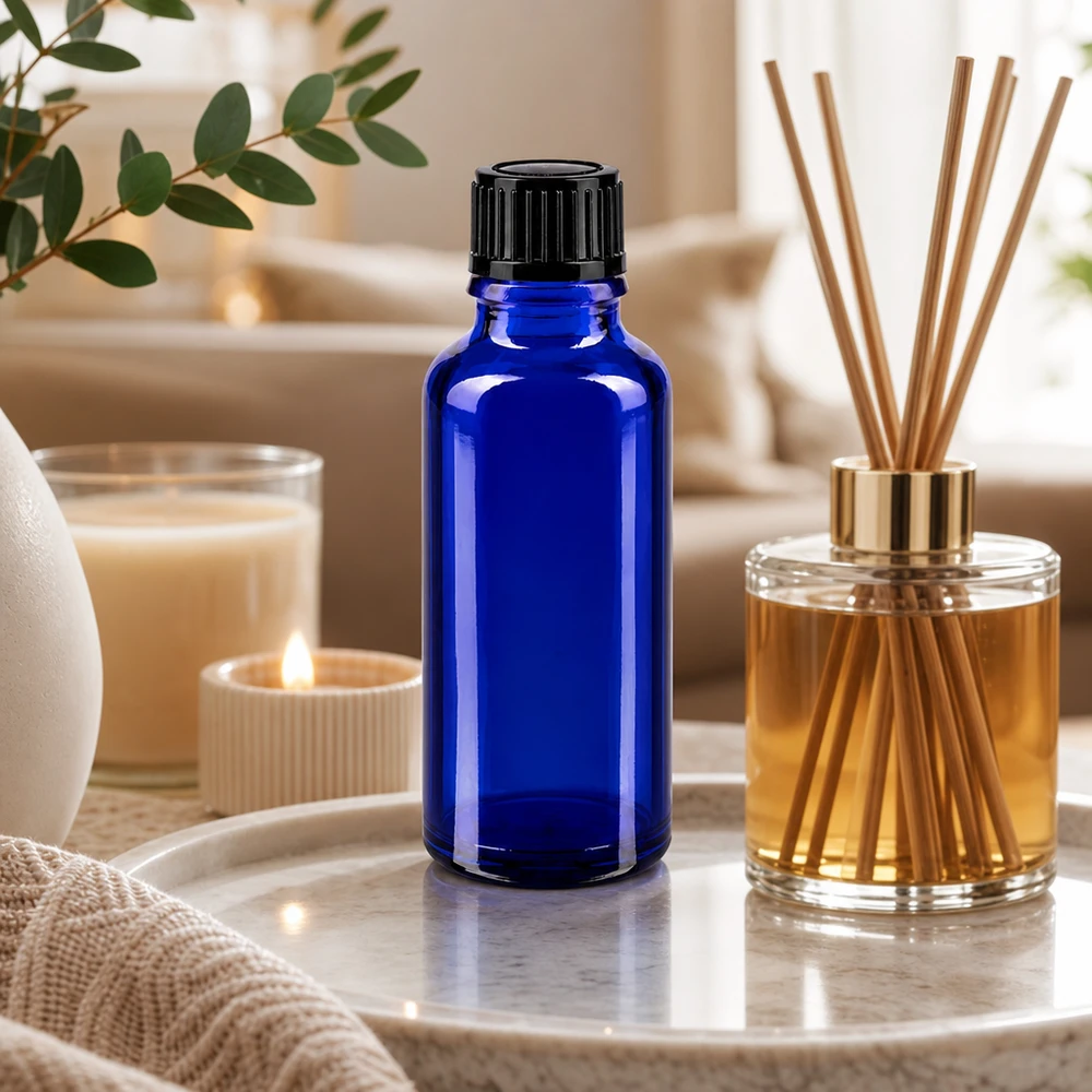 Een klein blauw apothekersflesje van 30 ml, geplaatst tussen een geurkaars en geurstokjes