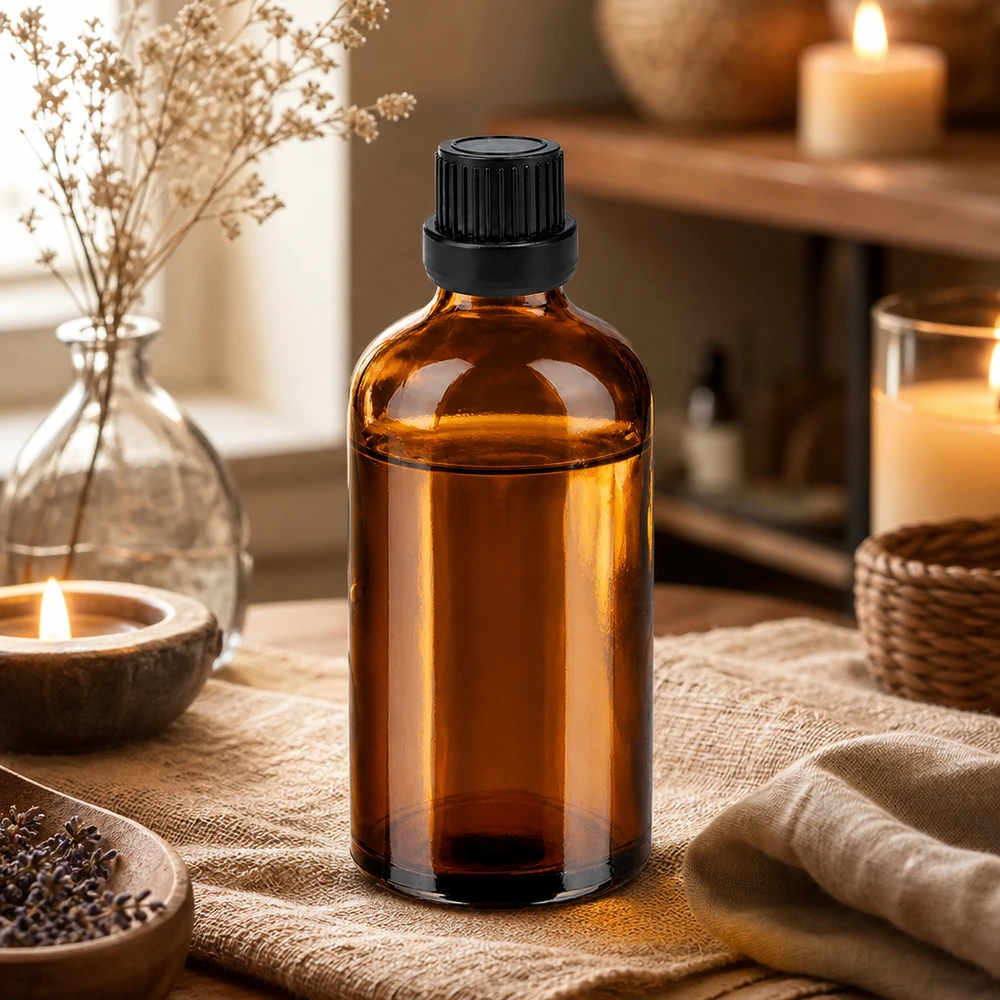 100ml druppelfles 2mm zwart OV BrownLine UT18/100 Farmaceutische 100ml amberkleurige glazen fles met hygiënische zwarte druppeldop voor steriele opslag