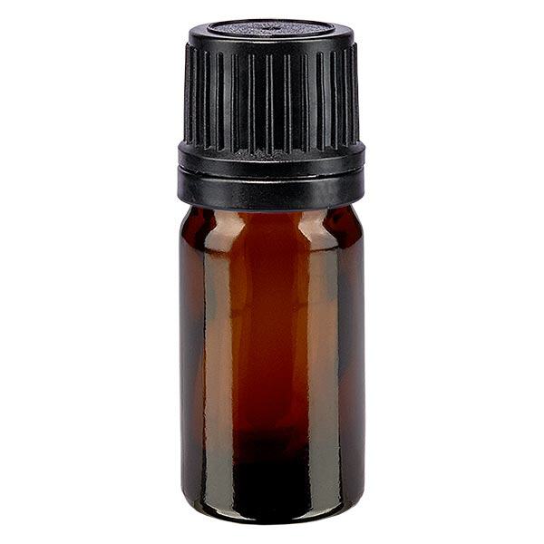 Bruine glazen fles 5ml met zwart druppelsluiting 1mm VR Bruine glazen fles 5ml met zwart druppelsluiting 1mm VR