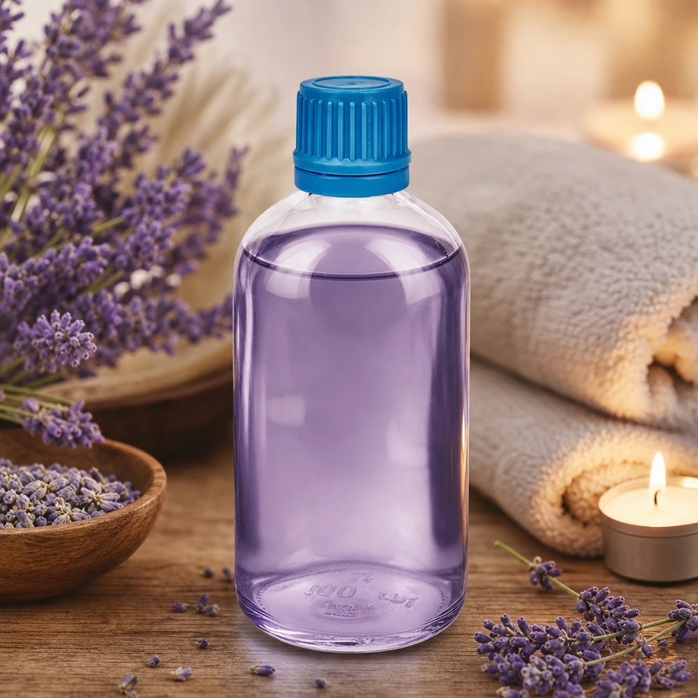 100ml flacon 11mm SV blauw OV ClearLine UT18/100 Lavendelkleurige ClearLine-fles van 100 ml met blauwe originaliteitssluiting (OV) voor aromatherapie