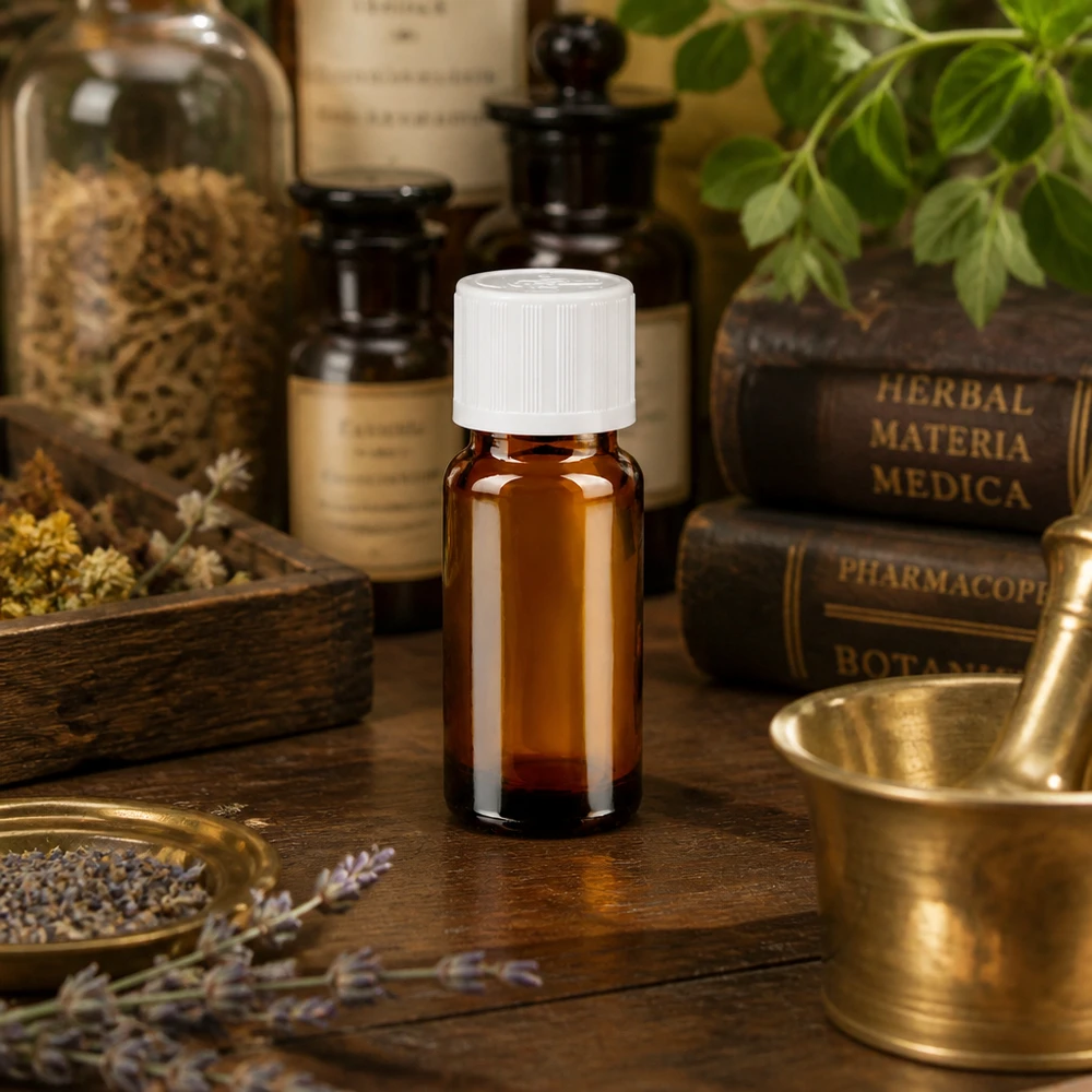 Bruine glazen fles 10ml met wit schroefsluiting kinderslot St Donkere glazen flesje van 10 ml met kindveilige witte dop, naast Pharmacopoe en lavendel