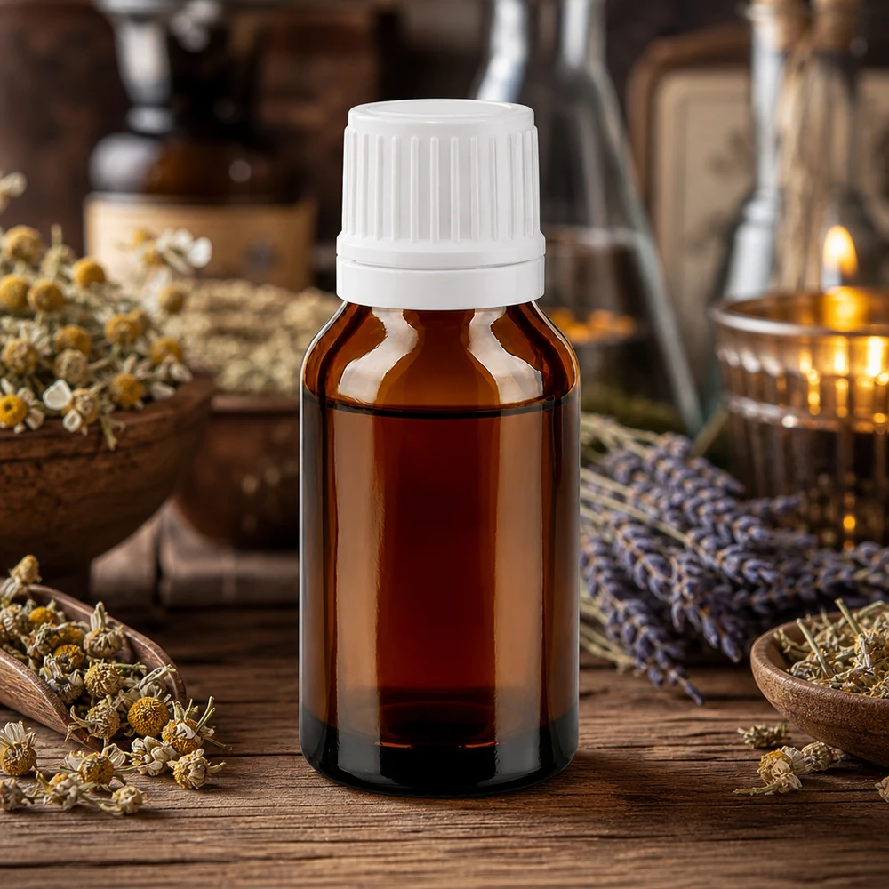 Bruine glazen fles 15ml met wit druppelsluiting 1.2mm VR Aromatherapie-flesje van bruin glas, 15 ml, met kindveilige sluiting, tussen geneeskrachtige kruiden en kaarslicht