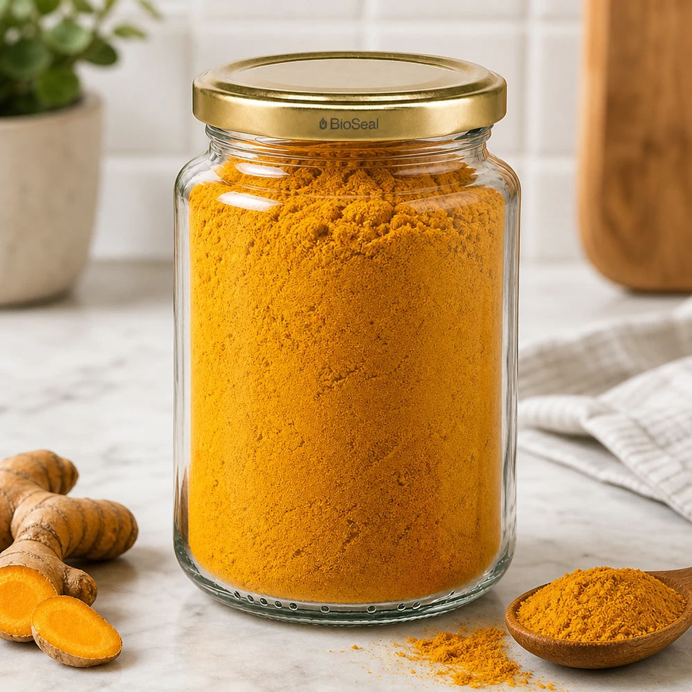 382ml rond glas met BioSeal deksel goud UNiTWIST UNiTWIST Runda382 kruidenpotje gevuld met kurkuma, gouden TO66 BioSeal deksel, keukentafel met verse kruiden