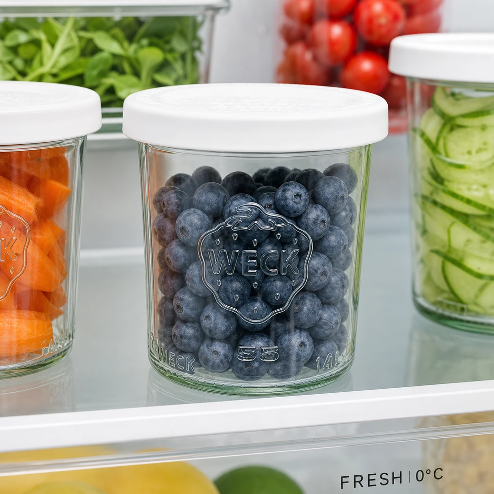 WECK RR60-pot van 140 ml met vershouddeksel WECK 140ml RR60 bekers met bosbessen in de koelkast - ideaal om fruit en voedsel vers te houden