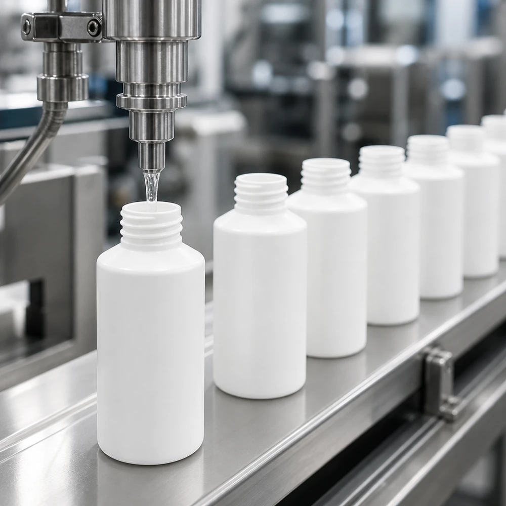 Industriële afvulmachine met witte HDPE-apotheekflesjes van 50 ml zonder deksel