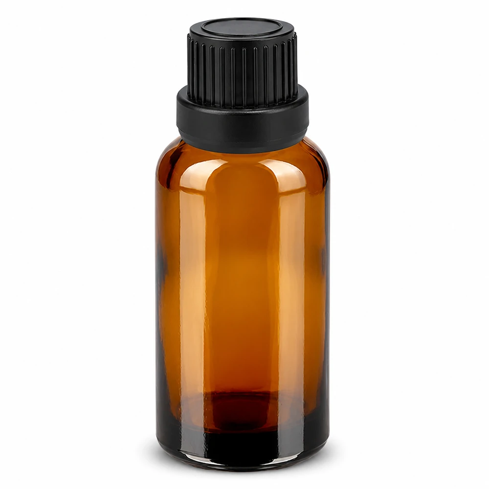 UV-bescherming amber glazen fles 30ml volume met zwarte 2mm druppeldop OV18