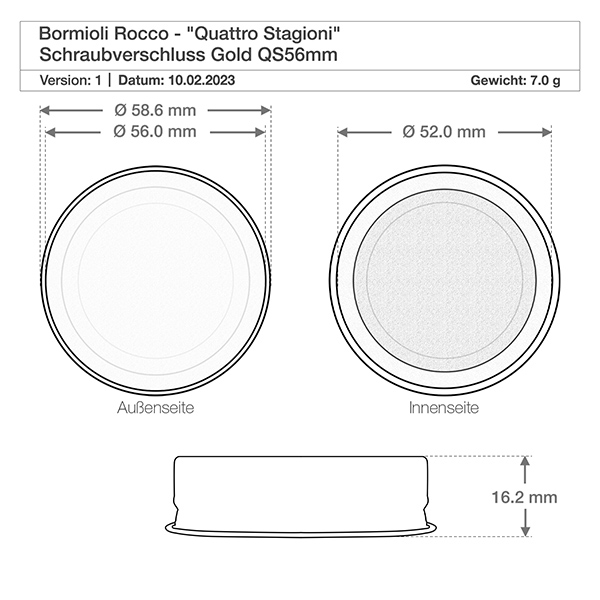 150 ml rond glas "Quattro Stagioni" met deksel Technische tekening Bormioli Rocco Quattro Stagioni schroefdop goud QS56mm met afmetingen en gewicht