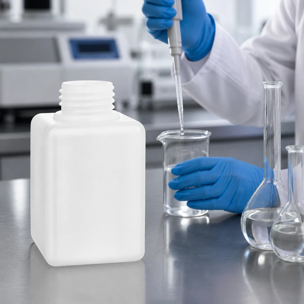 Chemicaliënfles 100 ml, nauwe hals Stevige fles met smalle hals, PE-HD, 100 ml, GL 25, met een witte, ondoorzichtige behuizing