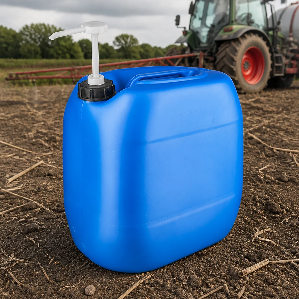 Canister 30 liter blauw met doseerpomp Draagbare brede-zijde-jerrycan van 30 liter, blauw, met doseerpomp voor landbouwbedrijven