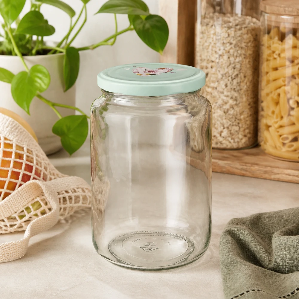 795 ml ronde pot met mint BasicSeal hartvormige deksel op aanrecht naast voorraadpotten en groene plant