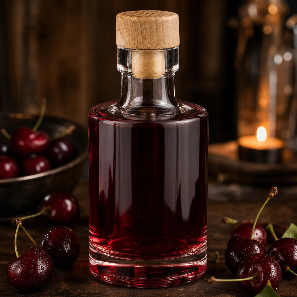 100ml Glasflasche Marie mit Holzkorken gefüllt mit Kirschlikör umgeben von frischen Kirschen bei warmem Kerzenlicht
