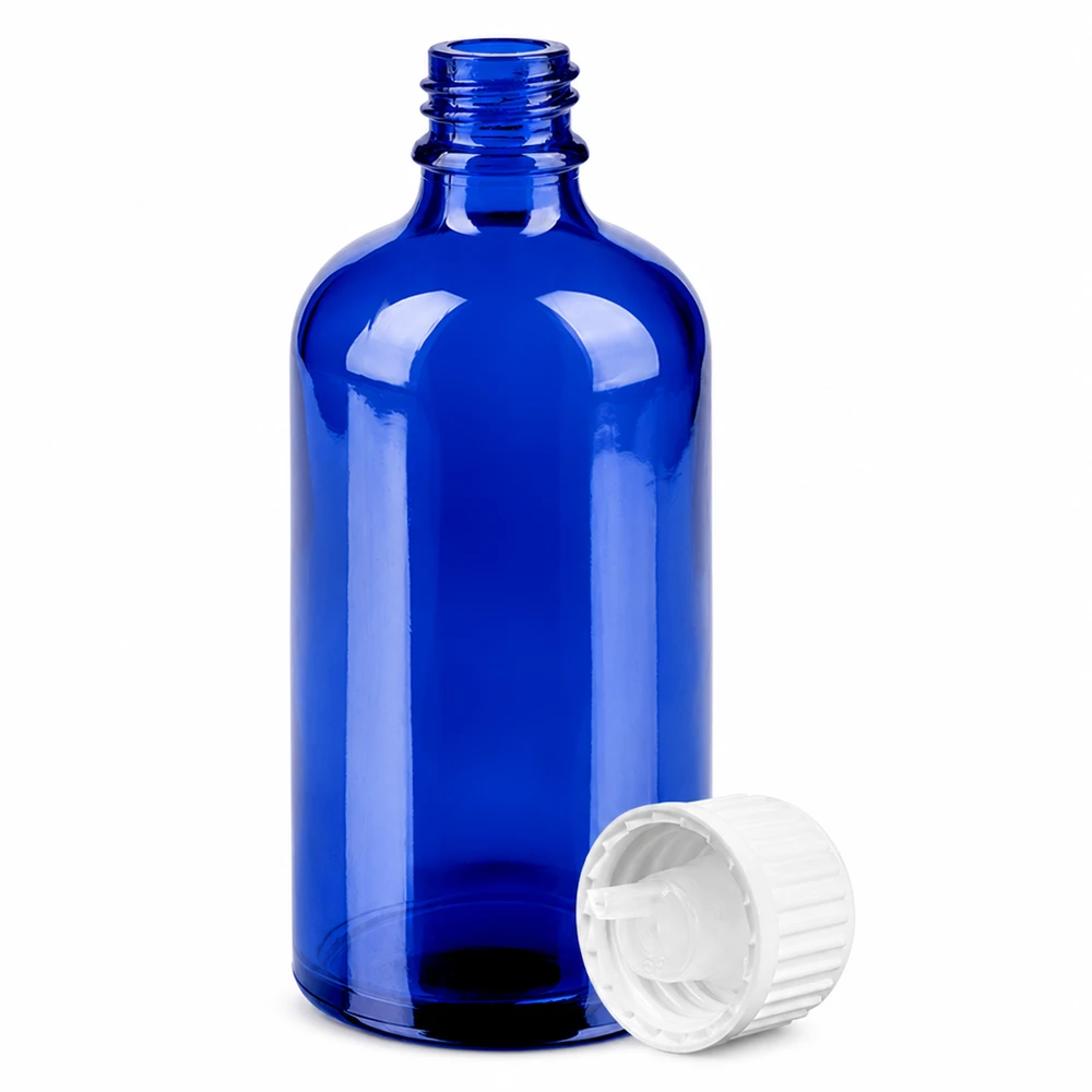 Hoogwaardige glazen fles 100ml blauw druppeldop 0,9mm wit STD BlueLine Laborbedarf
